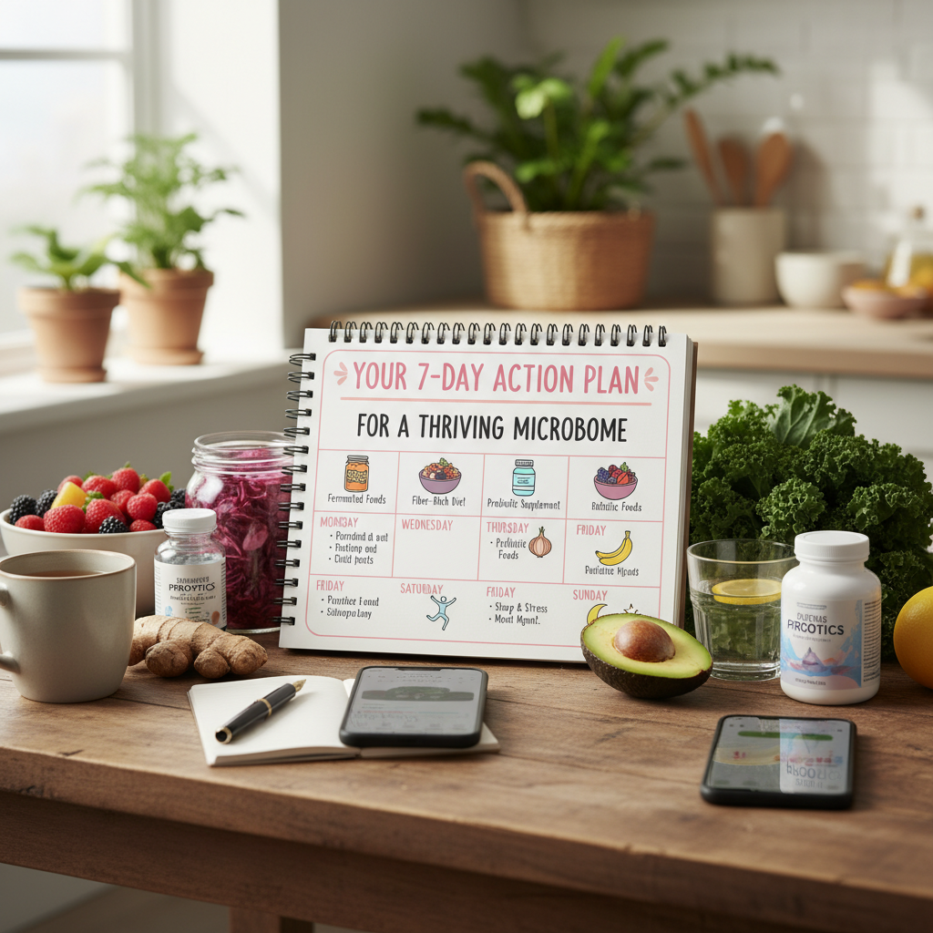A person joyfully preparing a plant-rich meal in a bright kitchen, representing the practical steps of a microbiome action plan.