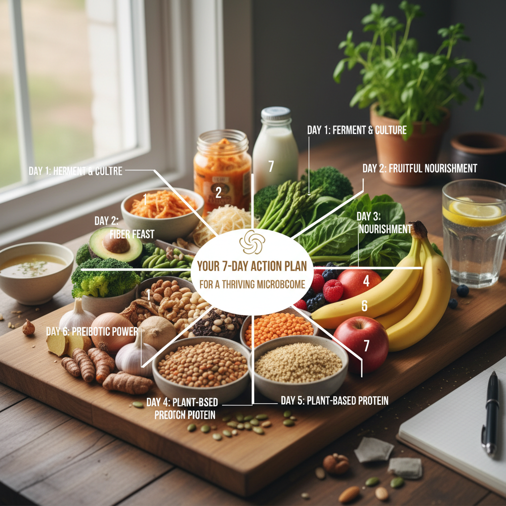Close-up of various fermented foods like kimchi, sauerkraut, and kombucha jars, showcasing key ingredients for supporting gut health.