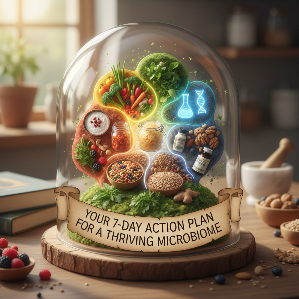 A hand writing in a journal titled 'My Microbiome Action Plan' with small illustrations of healthy foods and exercise, symbolizing commitment to a 7-day health journey.