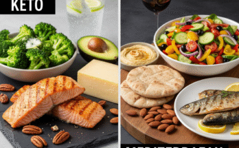 A split image comparing typical ketogenic diet foods like avocado and eggs with Mediterranean diet foods such as fresh vegetables, fish, and olive oil, both leading towards a healthy heart icon, emphasizing the 'Keto vs. Mediterranean' debate for cardiovascular health in 2025.
