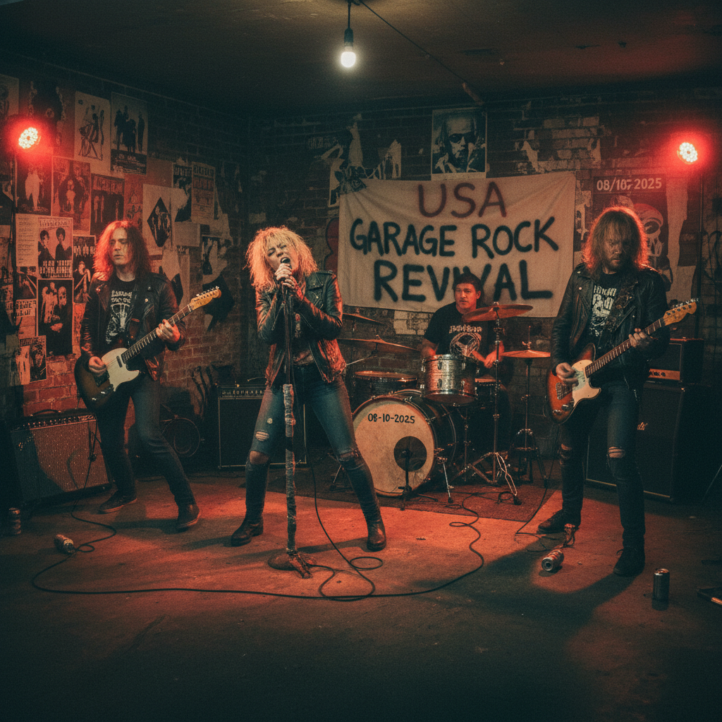 A black and white photo of a 1960s garage rock band energetically performing on a small stage, capturing the era's raw musical spirit.