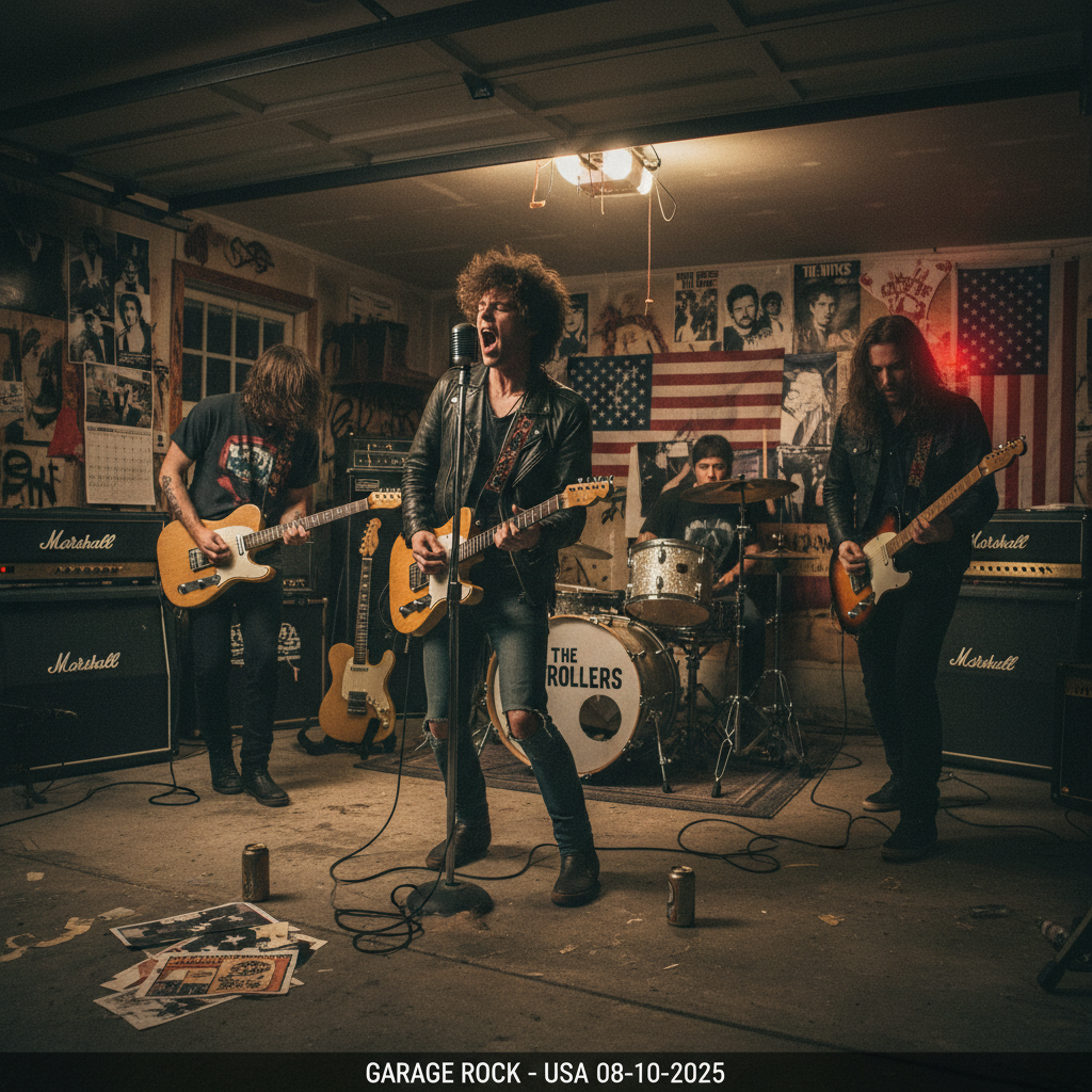 Close-up of a musician's hands aggressively strumming a heavily distorted electric guitar, conveying the raw, untamed power of garage rock.