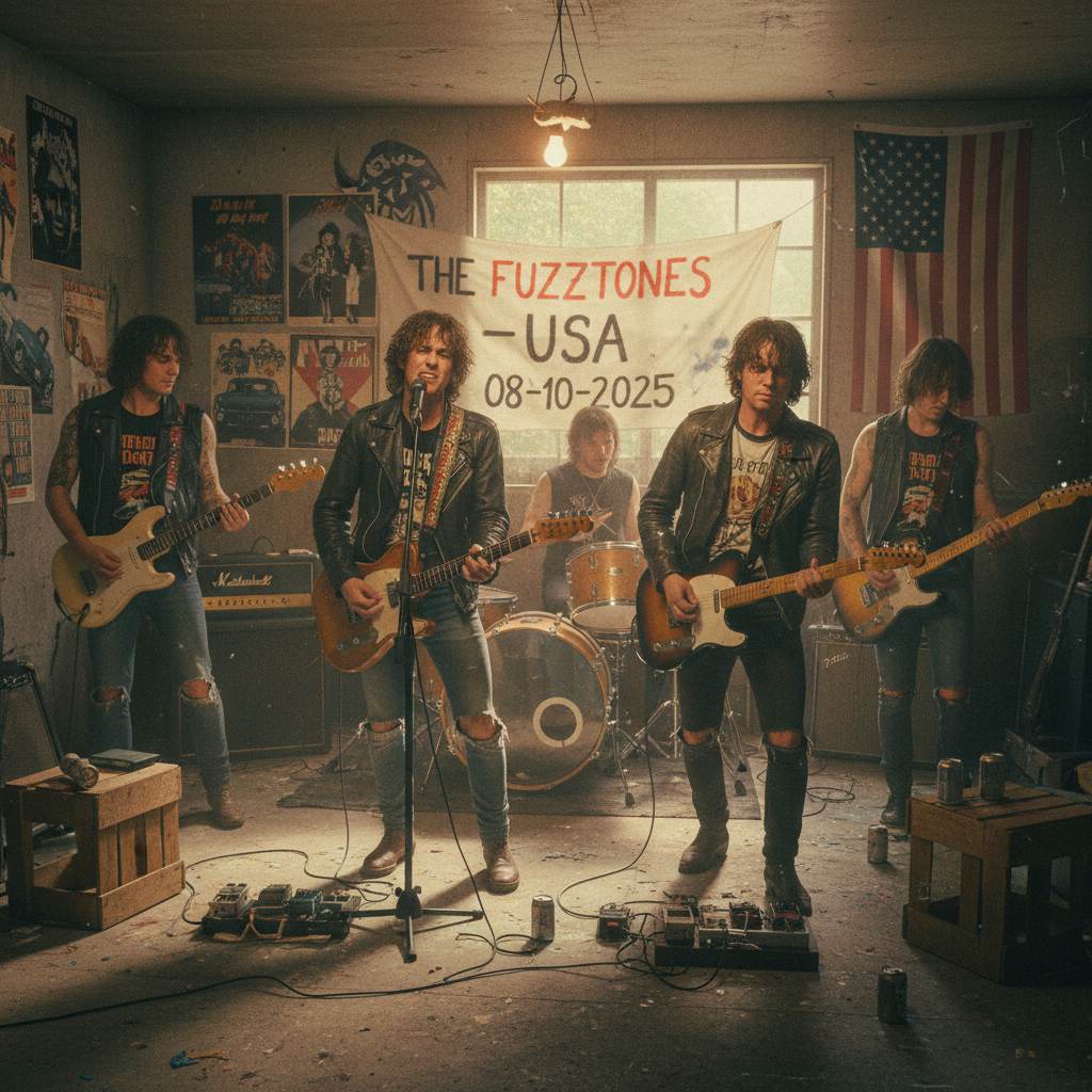 A four-piece garage rock band playing with intense energy in a dimly lit, cluttered garage, highlighting the genre's DIY origins and authentic sound.